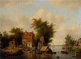 A river landscape with many figures by a village by Jacobus Van Der Stok